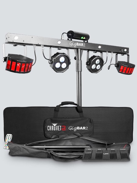 Éclairage Chauvet GigBAR 2 avec barre de projecteurs et accessoires présentés par le fabricant